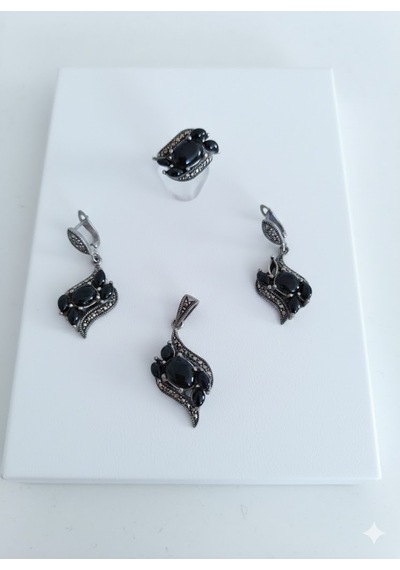Oniks Ve Markazit Taşlı Gümüş Set Bronz
