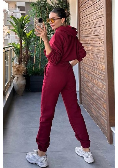 Neşeli Butik Kadın Kapüşonlu Şardonlu Eşofman Takımı Gts020 - Bordo Bordo