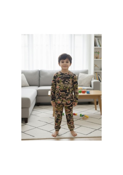 Esila Kids Erkek Çocuk Pijama Takımı Baskılı Uzun Kollu Takım 3-7 Yaş Yeşil