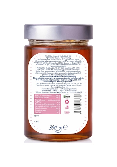 Ots Organik Süzme Çiçek Balı 390gr (Organik Sertifikalı, Pestisit Analizli)