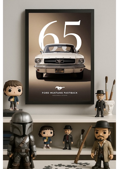 Ford Mustang Fastback Siyah Ahşap Çerçeveli Poster, Dekoratif Araba Duvar Tablosu