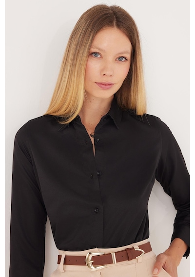 Tudors Kadın Slim Fit Dar Kesim Vucüda Oturan Uzun Kollu Siyah Basic Gömlek-35323 Siyah