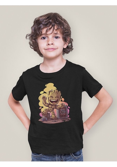 Sevbano Avengers Groot Baskılı Unisex Yenilmezler Film Çocuk Tişört 1-12 SIYAH