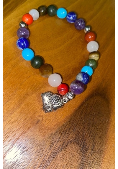 Çin Takvimi Burçları Çharm 7 Çakra Doğal Taş Bileklik Hand Made El İşi Feng Shui Ejderha Yılı Koruyucu Hayvan Keçi Goat Objeli Çok Renkli