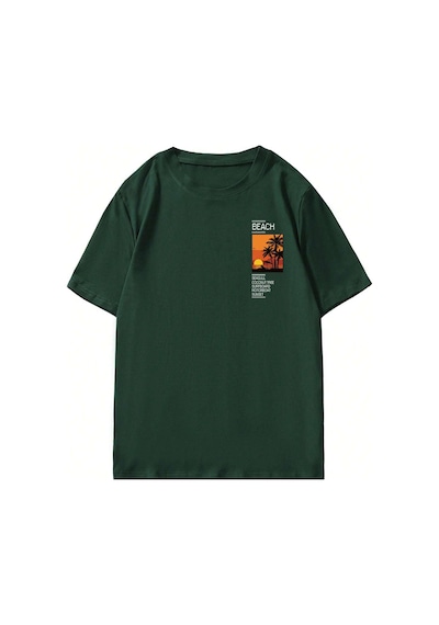 Erkek Beach Baskılı Oversize Tshirt Yeşil