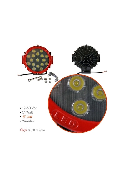 Off Road Sis Lambası 17 Ledli 51 Watt Kırmızı Çerçeve 12-48V