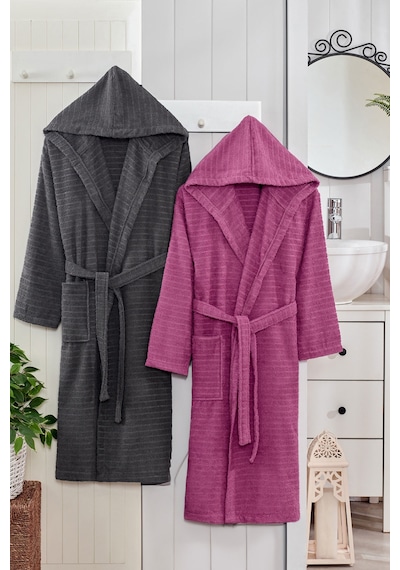 2 Li Kapşonlu Unisex Banyo Bornozu Seti %100 Soft Pamuklu Antasit-mürdüm