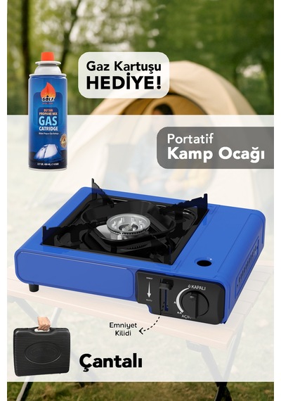 Portatif Kamp Ocağı - Taşıma Çantalı Gazlı Stop Emniyetli Mavi Kamp Ocağı Ve 1 Adet 227 Gr Kartuş Mavi
