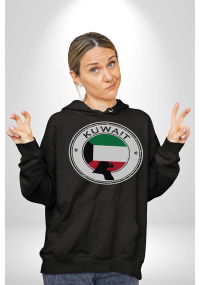 Kuveyt Bayrağı Kadın Erkek Siyah Kapüşonlu Sweatshirt Hoodie Siyah