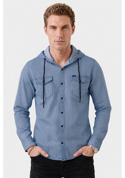 Rizzup Mavi Kapüşonlu Likralı Kot Gömlek Slim Fit Çıt Çıt Kapamalı Erkek Gömlek 2300396