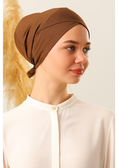Melodi Scarf Bağlamalı Dikişsiz Çapraz Bone Kahverengi