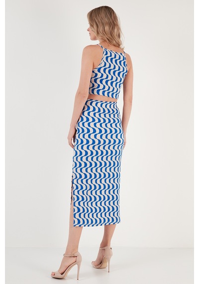 Lela Slim Fit Ip Askılı Yırtmaçlı Bayan Takım 5865278 Saks-Beyaz