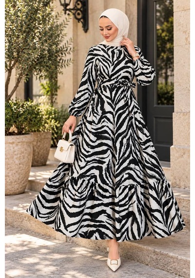 Maşuka Monako Kumaş Desenli Kuşaklı Şık Ve Rahat Tesettür Elbise - Uzun Kol Maxi Boy Kadın Elbise Zebra-desen Zebra-desen Maşuka Monako Kumaş Desenli Kuşaklı Şık Ve Rahat Tesettür Elbise - Uzun Kol Maxi Boy Kadın Elbise Zebra-desen Zebra-desen