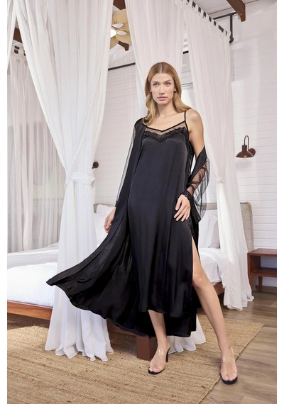 Aria's Closet Herşeytrend Dantelli Tüllü Ve Dekolteli Saten Sabahlık Takımı Siyah