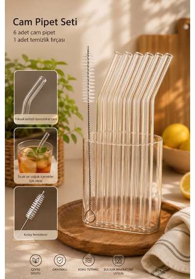 Perotti Straw 6'lı Eğimli Borosilikat Cam Pipet Ve 1 Adet Fırça