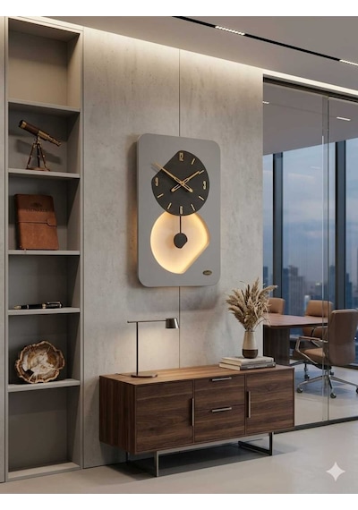 Nairobi Ledli Ahşap Salon Duvar Saati Quartz Ultra Sessiz Mekanizma 55 Cm X 34 Cm Gri