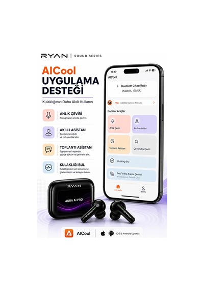 Ryan Aura Aı Pro Yapay Zeka Destekli Çeviri Kulaklığı 100+ Dil Anlık Çeviri, Akıllı Ekran, Anc, Bluetooth 6.0