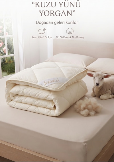 %100 Doğal Kuzu Yünü Yorgan Çift Kişilik Pamuk Kılıflı Kokusuz Terletmez Yıkanabilir 200x220 Cm Krem