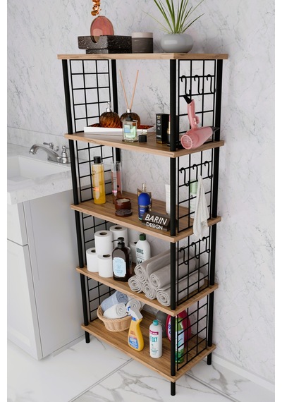 5 Raflı Çevir-kur Raf Ünitesi Telli Metal Gövdeli Organizer Banyo, Mutfak, Balkon, Antre Uyumlu Atlantik Çam