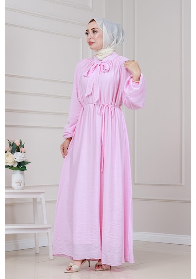 Sevitli Yakası Bağcıklı Lara Elbise-pembe-5327 Pembe