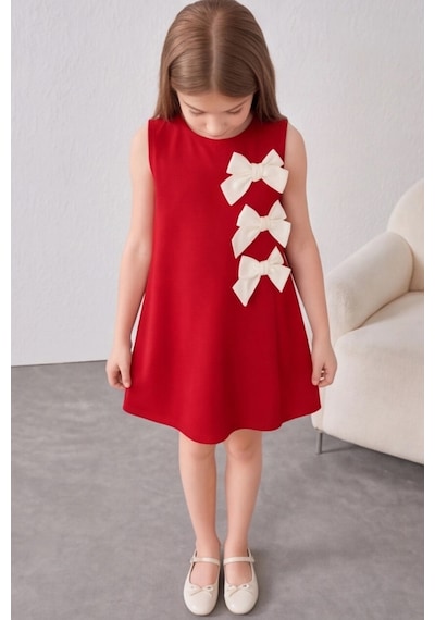 Fesshera Kids Kız Çocuk %100 Pamuk Double Crep Elbise Fiyonk Detaylı Sıfır Kollu Düğme Kapamalı Özel Gün Elbisesi Kırmızı