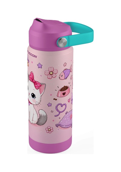 Puccon 540 Ml Sevimli Kedi Baskılı Mor - Beyaz Kız Çocuk Pipetli Çelik Termos Matara/suluk - 60044