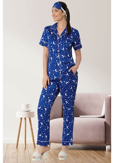 Mecit Pijama Lohusasepeti 5473 Ayyıldız Saten Önden Düğmeli Lohusa Pijama Takımı 001