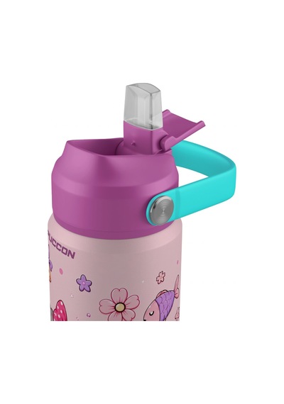 Puccon 540 Ml Sevimli Kedi Baskılı Mor - Beyaz Kız Çocuk Pipetli Çelik Termos Matara/suluk - 60044