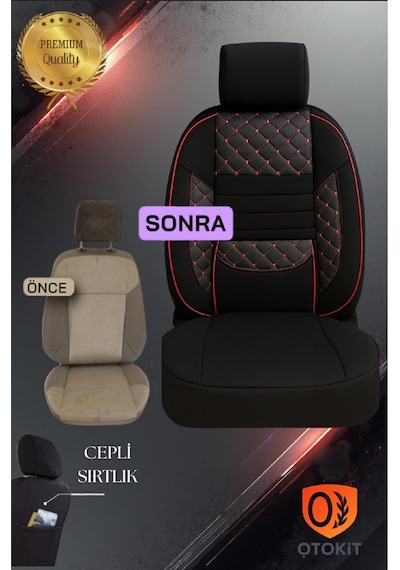 Tr Audi A3 Hb 2007 İle Uyumlu Koltuk Kılıfı Seti, Siyah-kırmızı, Deri Detaylı, Tam Set Genel
