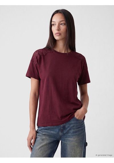Lcw Everyday Bordo Bisiklet Yaka Dantel Detaylı Kadın Tişört