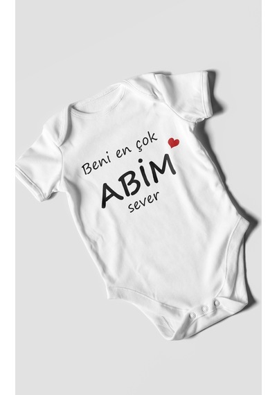 Beni En Çok Abim Sever Baskılı Bebek Zıbını Çıtçıtlı Body %100 Pamuk Kısa Kol Beyaz