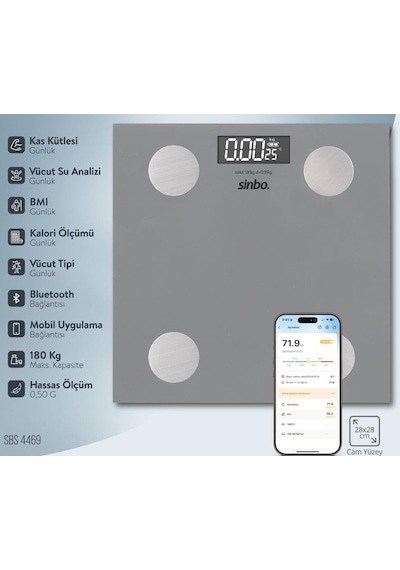 Sinbo Sbs-4469 Bluetooth Dijital Yağ Su Kas Vücut Kitle Endeksi Kilo Ölçer Tartı Baskül