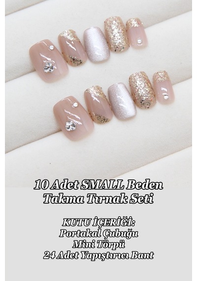 Kısa Takma Tırnak Seti Small Beden Simli Ve Desenli Tırnak 10 Adet Ve Yapıştırıcı Dahil T022