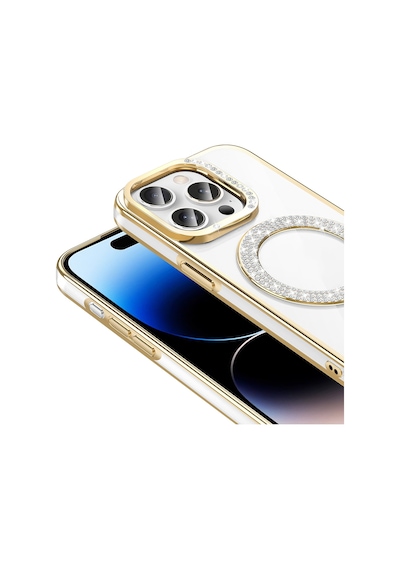 Apple Uyumlu iPhone 14 Pro Max Kılıf Pırlanta Taş Tasarımlı M-safe Şarj Özellikli Zore Karetta Silikon Kapak Mor