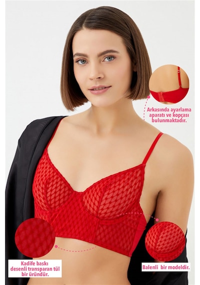 Cottonhill Kırmızı Puantiyeli Tüllü Ayarlanabilir Askılı Balenli Kadın Bralet Sütyen