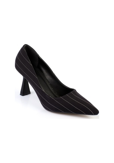 Shoetek Luana Kadın Stiletto Çizgili Kumaş Topuklu Ayakkabı Siyah Saten Siyah Saten