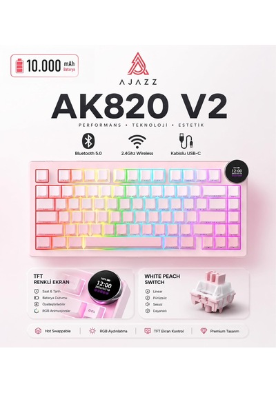 Ajazz Ak820 V2 White Peach Switch Kablosuz Manyetik Oyuncu Klavyesi 8k Hz 0.01mm Rt 0.125ms Gecikme Tft Ekran 10000mah Rgb Bluetooth 5.0 2.4ghz Usb-c Ak820 V2 - White Pink Ajazz Ak820 V2 White Peach Switch Kablosuz Manyetik Oyuncu Klavyesi 8k Hz 0.01mm Rt 0.125ms Gecikme Tft Ekran 10000mah Rgb Bluetooth 5.0 2.4ghz Usb-c Ak820 V2 - White Pink