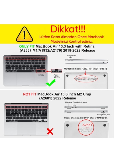Macbook Air 13.3 İnç M1 İle Uyumlu Polikarbonat Sert Koruyucu Çizilme Ve Darbe Önleyici Kılıf A2337 A2179 A1932 Siyah Şeffaf, 13.3 İnç 2018-2022 Arası M1 İşlemci Belirtilmemiş