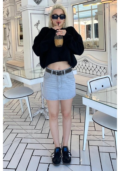 Madmext Siyah Bisiklet Yaka Crop Kadın Kazak Mg2166 Siyah