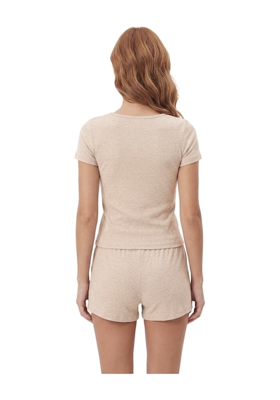 Cottonill Premium - Neat Collection Bej Rib Dokulu Yuvarlak Yaka Modal Viskon Şortlu Kadın Pijama Takımı