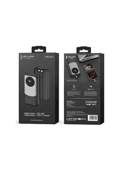 Venandin Pwb20a2 20.000 Mah Led Göstergeli 22.5w Hızlı Kendinden Kablolu Powerbank Siyah