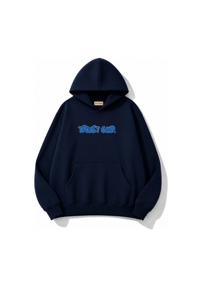 Herkesemoda Trust God Baskılı Kanguru Cepli Oversize Sweatshirt Lacivert