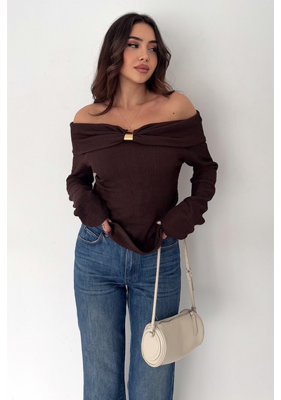 Noa & Noa Kadın Omuz Açık Toka Detaylı Bluz Burgundy Charm Kahverengi