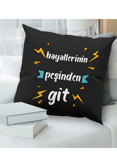BK Gift Hayat Mottosu Tasarımlı Premium Kumaş Siyah Kırlent Yastı