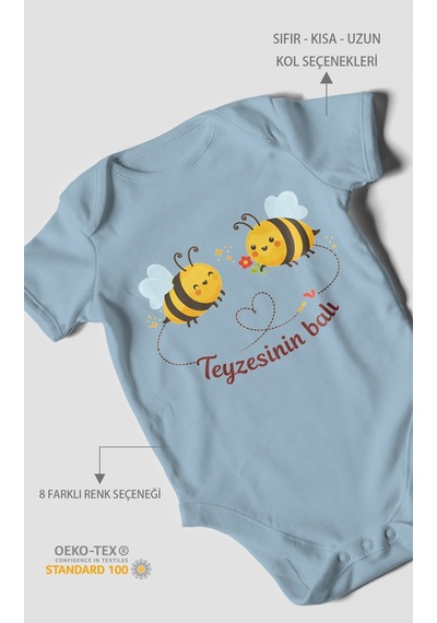 Morivokids Teyzesinin Balı Kısa Kollu Bebek Body %100 Pamuk Bebe Mavisi