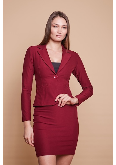 Yakalı Flato Cepli Uzun Kol Pamuklu Kumaş Kısa Blazer Ofis Ceket -bordo Bordo