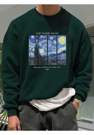 Uyguntarz Unisex The Starry Night Baskılı Oversize Sweatshirt Yeşil