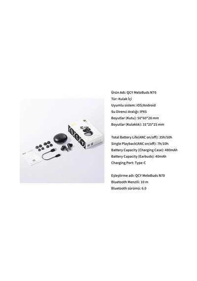 Melobuds N70, Bluetooth 5.2, Kulak İçi Kulaklık, Siyah, Hi-res Audio, Ldac, 50db Hibrit Anc, 50 Saat Pil Ömrü, Kabl