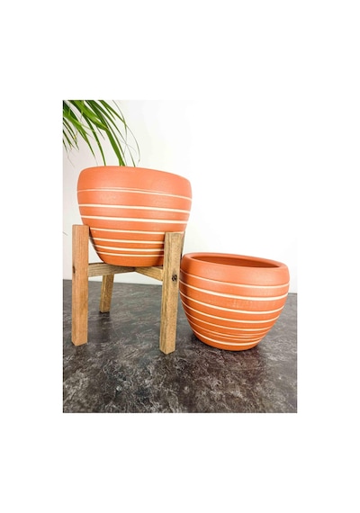 Bitki Tasarımı Doğal Beyaz Yan Çizgi Desen Terrakota Toprak Saksı İkili Set 4 Ayaklı-ayaksız 15 Cm