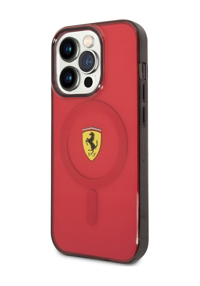 Apple Uyumlu iPhone 14 Pro Max Kılıf Ferrari Magsafe Şarj Özellikli Yarı Transparan Dizayn Kapak Kırmızı